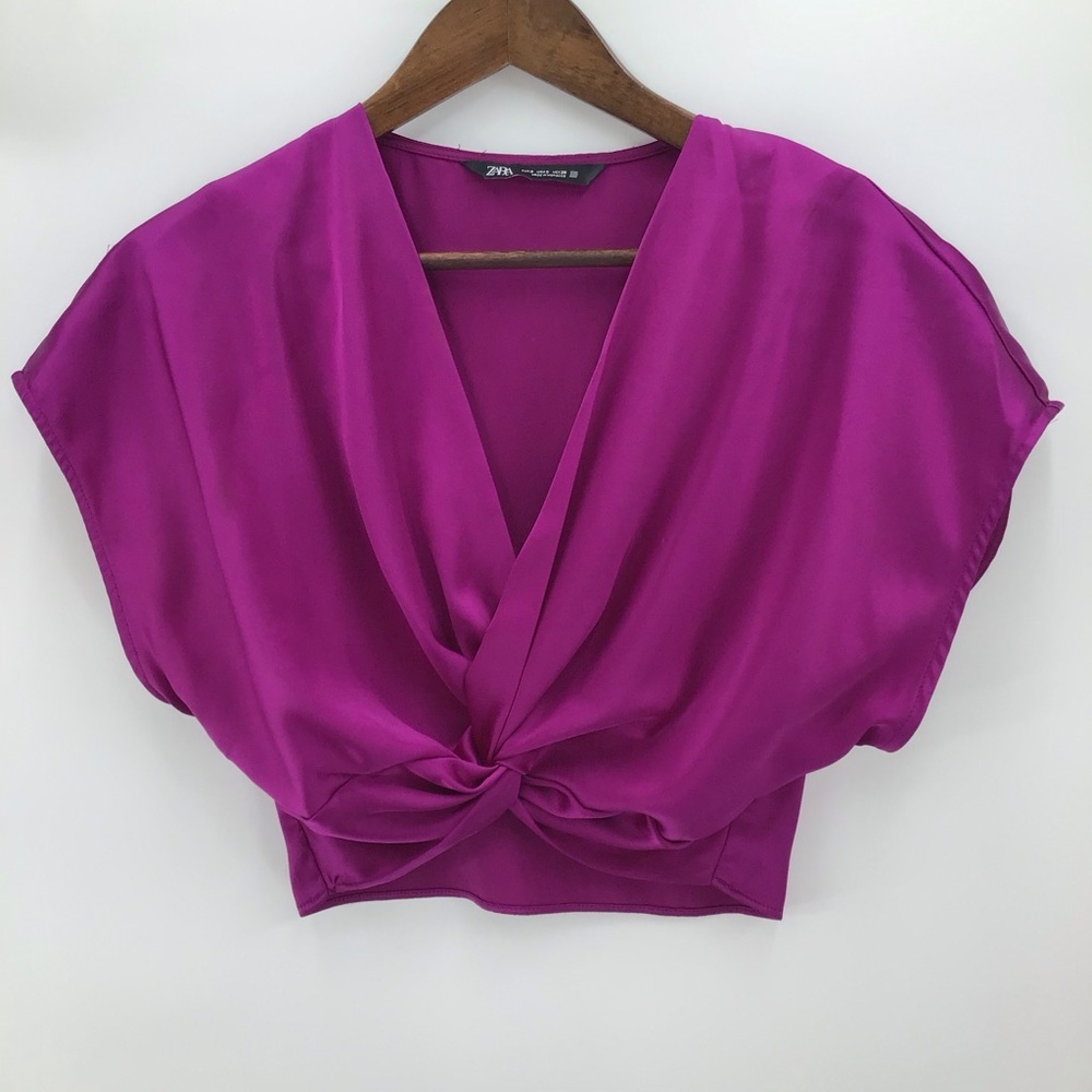 Zara Women's Purple Cropped Satin Knot Front Blouse - Picture 2 of 8